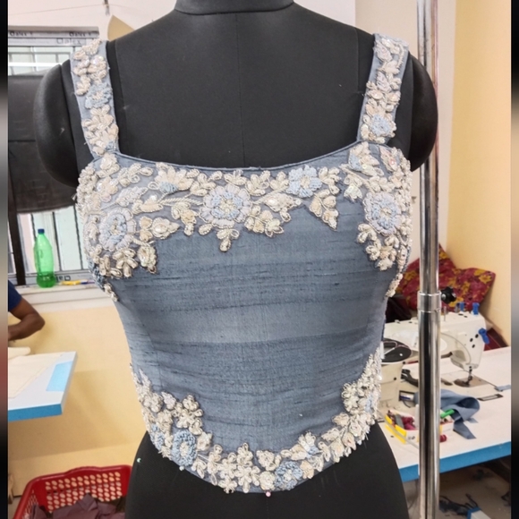 Luxurious Blue, Silver Floral Wedding Dress - Picture 6 of 13